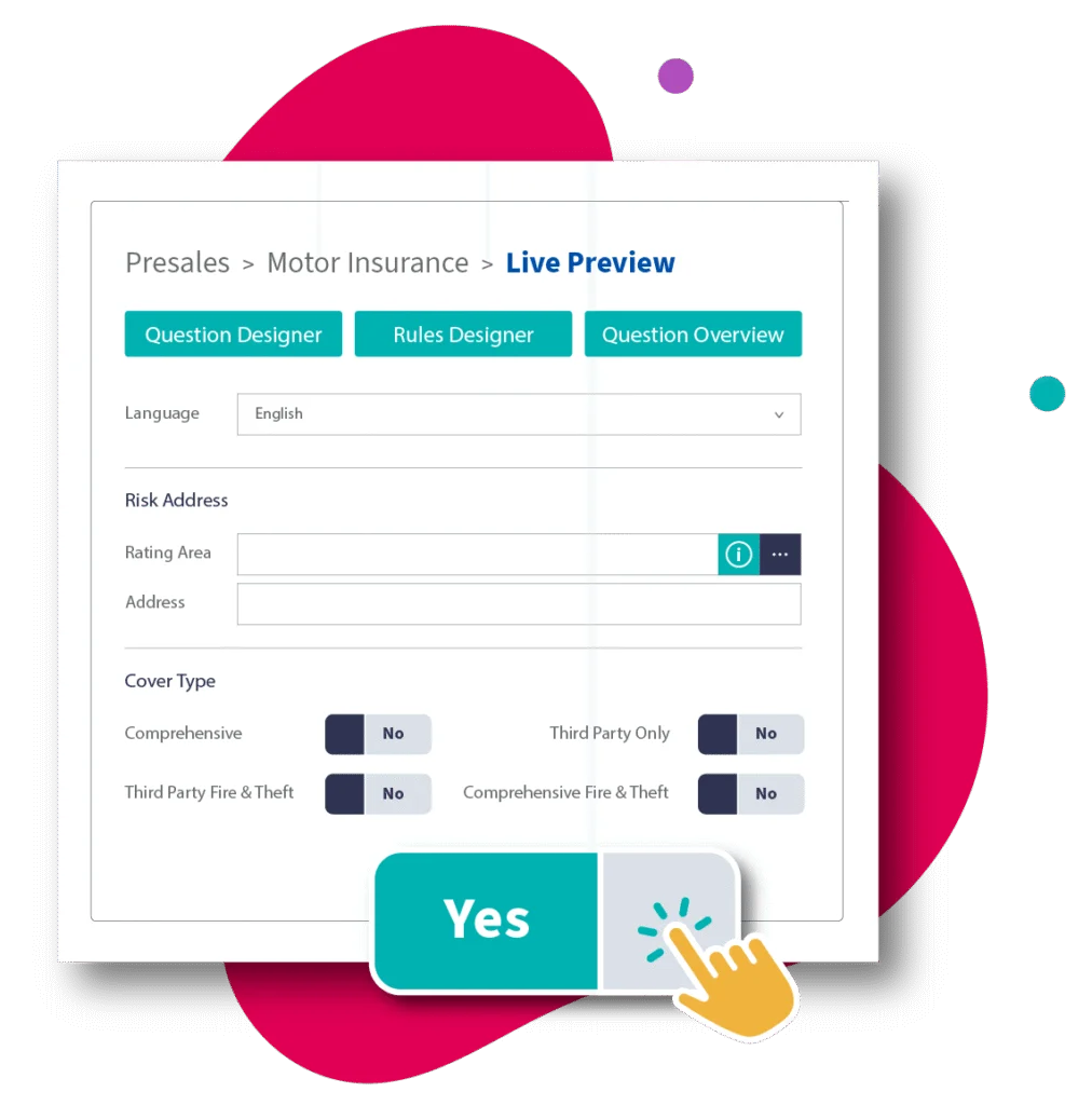 Genasys platform screenshot: live preview of a motor insurance question set with cover type options