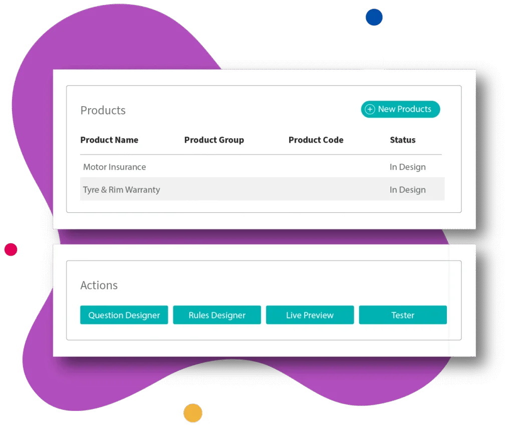 Genasys platform screenshot: product list with question designer, rules designer, live preview and tester actions