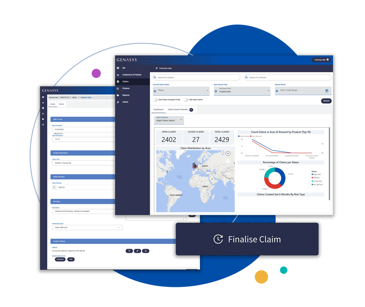 Genasys claims management software: the claims dashboard and a claim registration screen