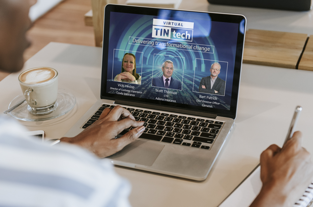 Virtual TINtech 'Delivering transformational change' panel on a laptop: Vicki Heslop, Scott Thomson and Bart Patrick