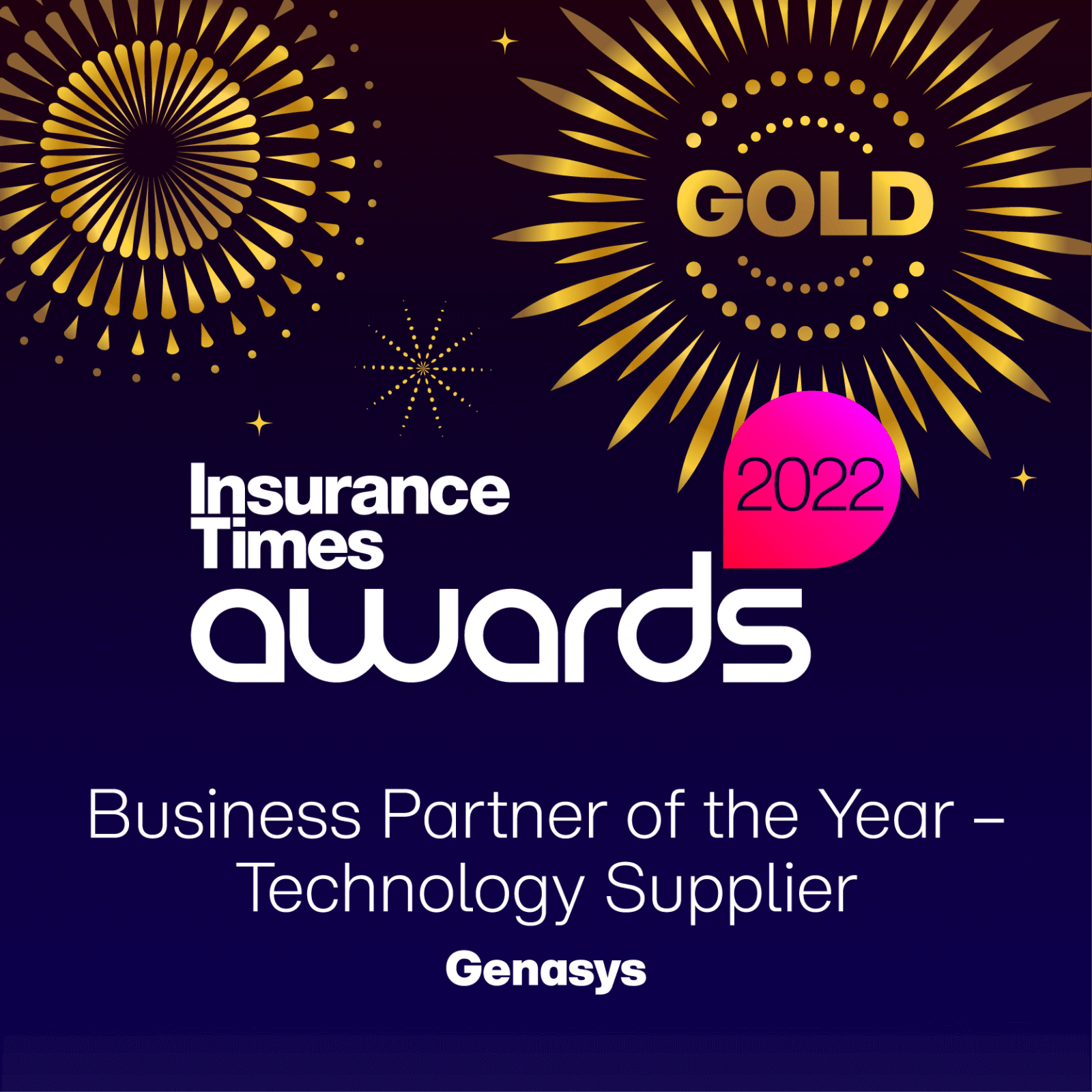 Insurance Times Awards 2022 Gold badge: Business Partner of the Year, Technology Supplier, Genasys