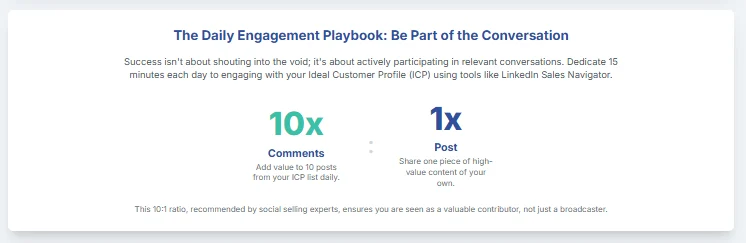 Daily engagement playbook: 10 comments on posts from your ideal customer list for every 1 post of your own